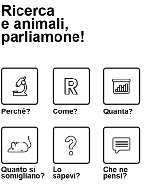 USI Webseite mit dem Text "Forschung und Tiere, sprechen wir darüber!" und verschiedene Icons
