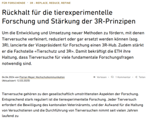 Rückhalt für die tierexperimentelle Forschung und Stärkung der 3R-Prinzipen an der ETHZ